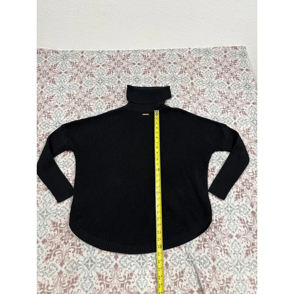 Michael Kors Black Waffle Knit Turtleneck Sweater Ribbed Sleeve Gold Logo Tag
